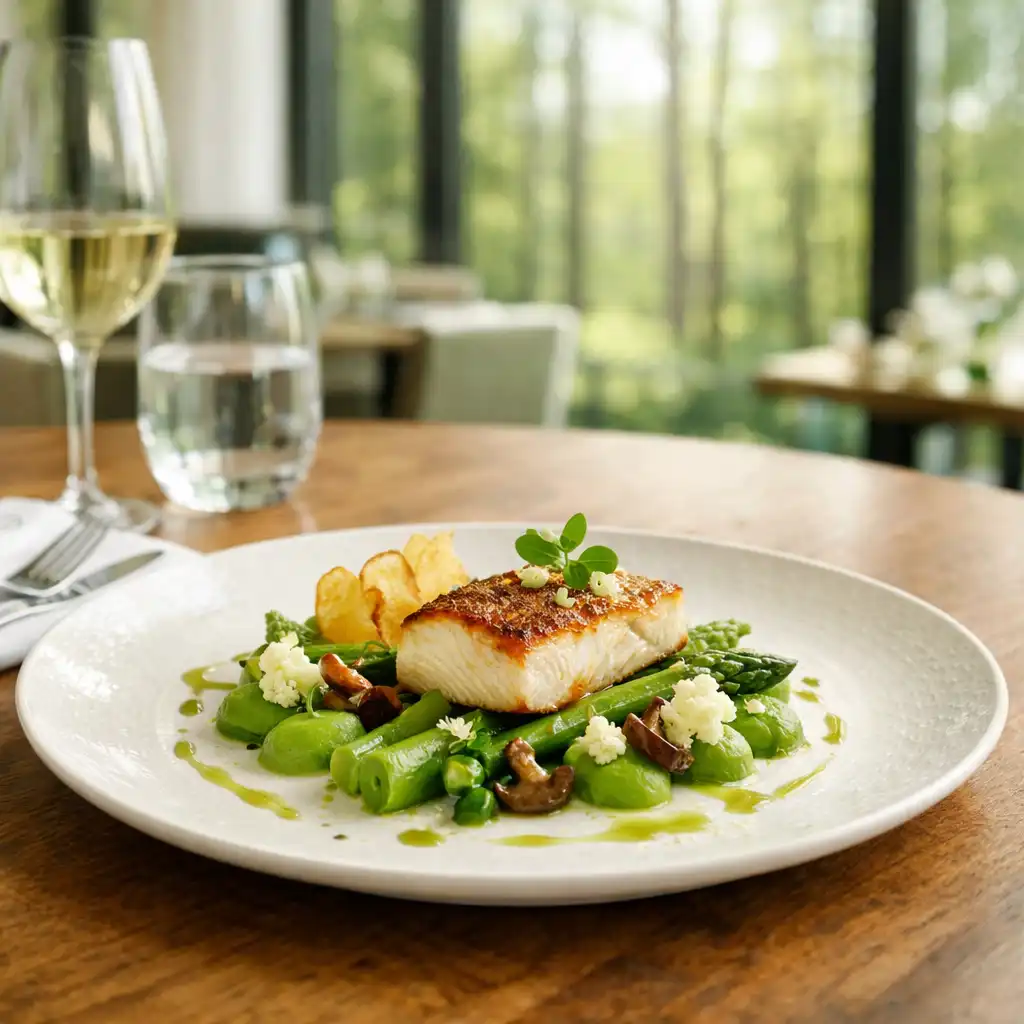 Plat gastronomique élégant sur une table en bois dans le restaurant lumineux de Jardin Clairière