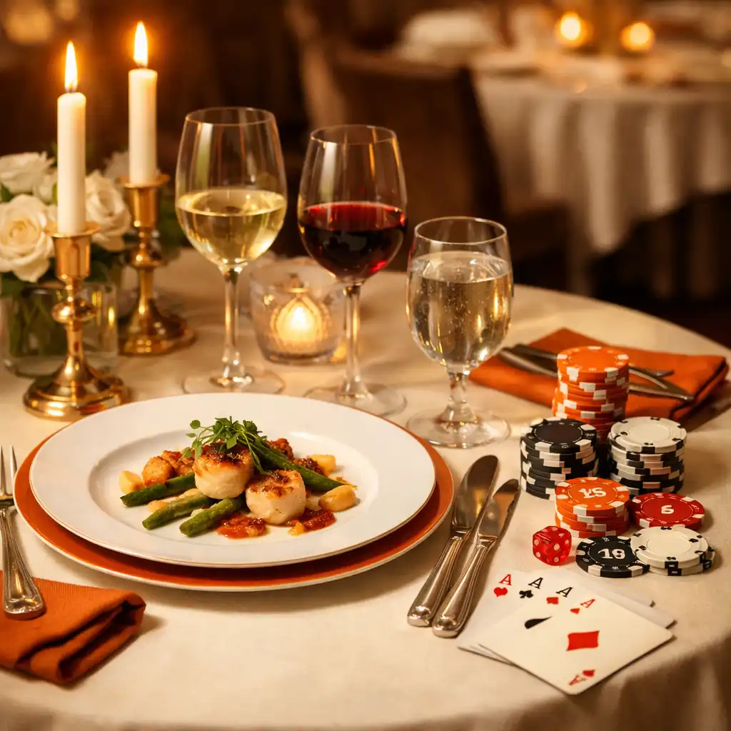 Table de restaurant dressée pour un dîner gastronomique avec des cartes et des jetons de poker posés à côté