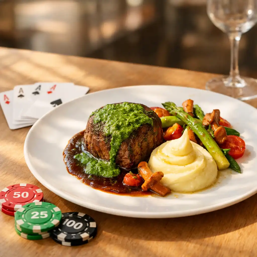 Assiette gastronomique élégante accompagnée d'un jeu de cartes et de jetons de poker sur une table en bois clair