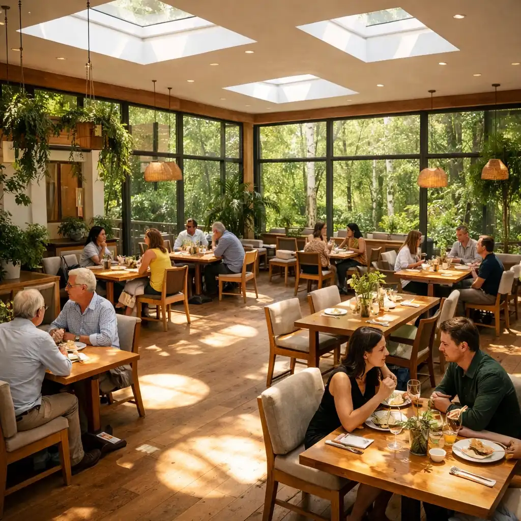Intérieur lumineux du restaurant avec baies vitrées donnant sur la forêt et tables en bois