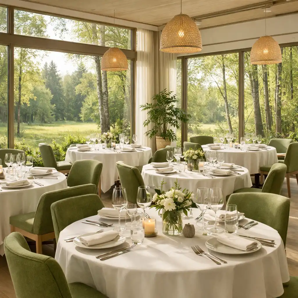 Intérieur lumineux du restaurant Jardin Clairière avec grandes baies vitrées et tables dressées