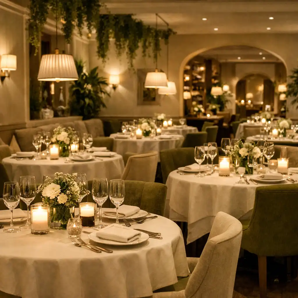 Intérieur chaleureux du restaurant Jardin Clairière en soirée, avec tables dressées et lumière tamisée