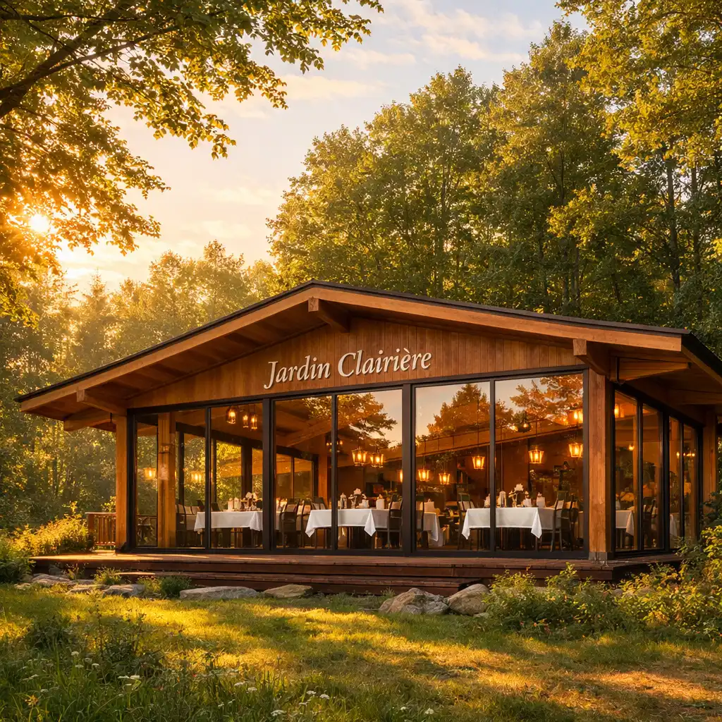Vue extérieure du pavillon Jardin Clairière dans la clairière, baigné de lumière dorée en fin d'après-midi