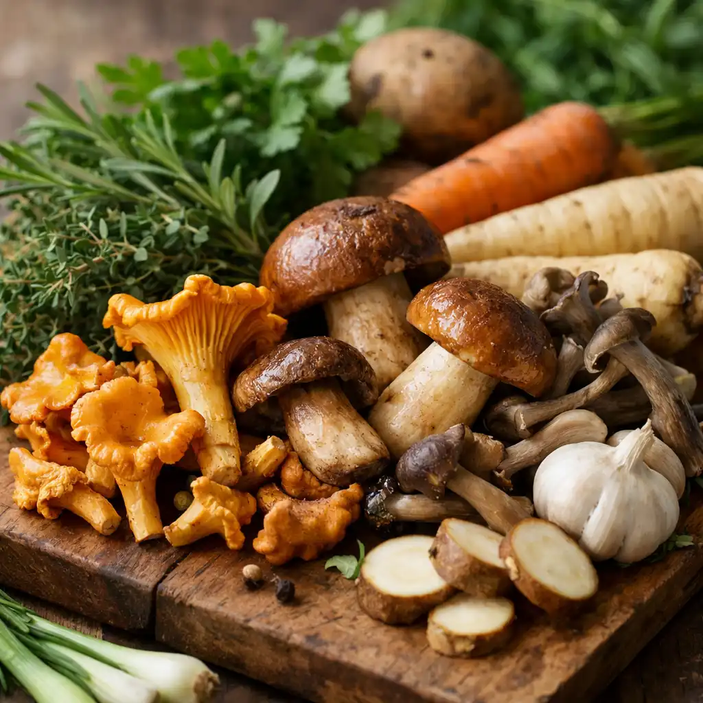 Ingrédients frais de saison : champignons sauvages, herbes aromatiques et légumes racines sur une planche en bois