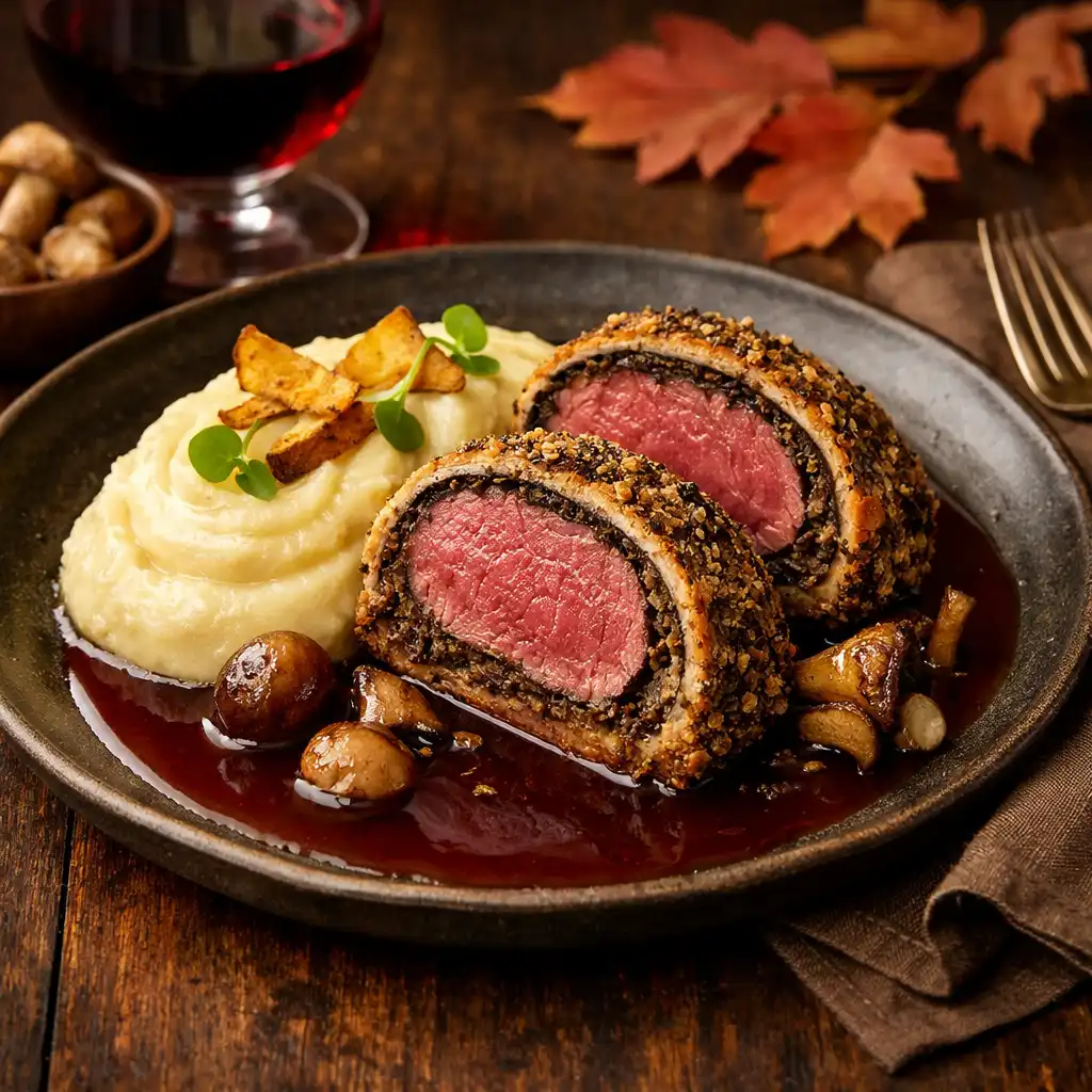 Filet de cerf en croûte de champignons avec purée de céleri-rave et sauce au vin rouge