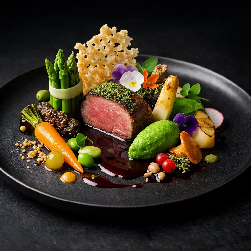 Assiette gastronomique raffinée avec des éléments de saison et un dressage précis