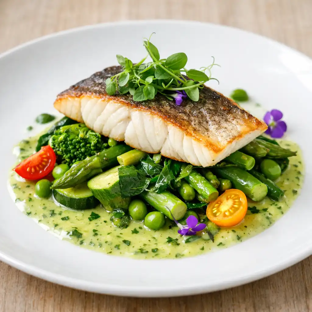 Filet de poisson sur lit de légumes verts avec sauce aux herbes