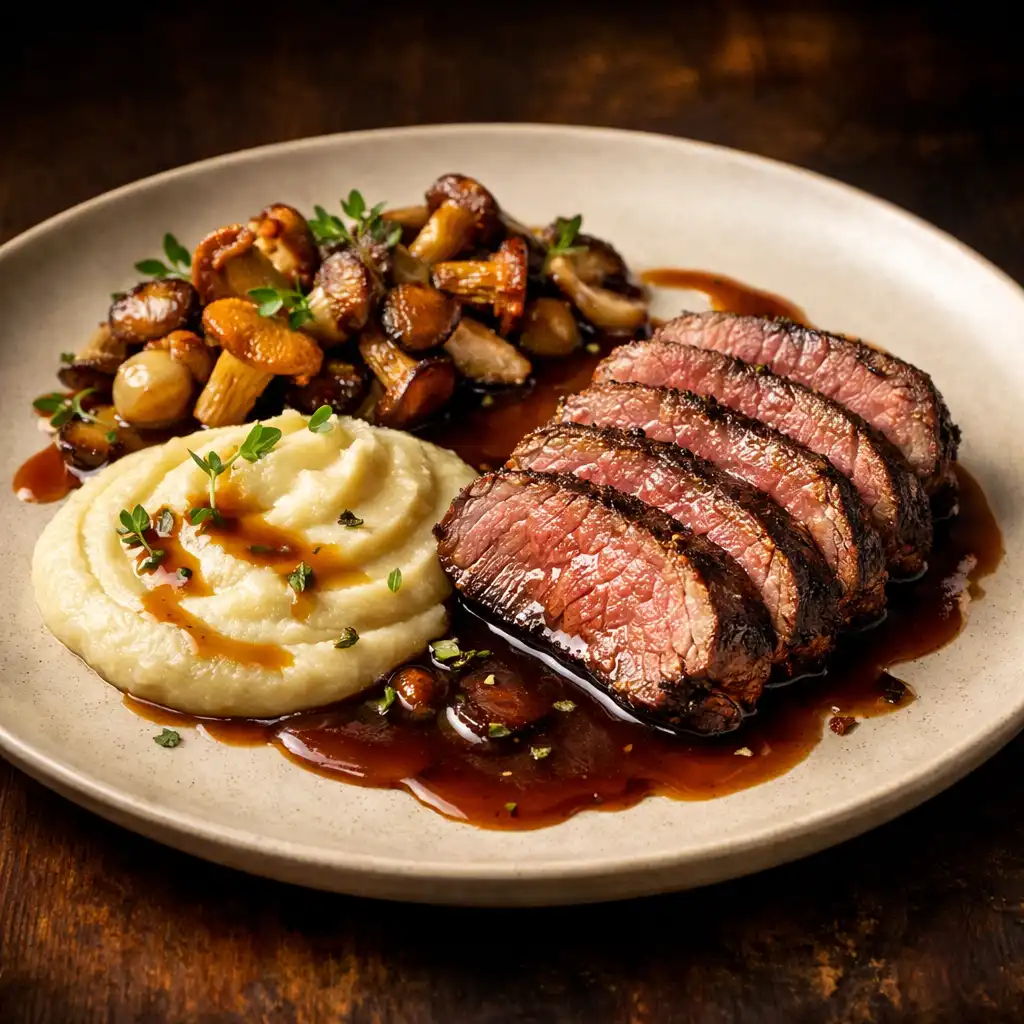 Viande rôtie tranchée avec purée de céleri et champignons sauvages