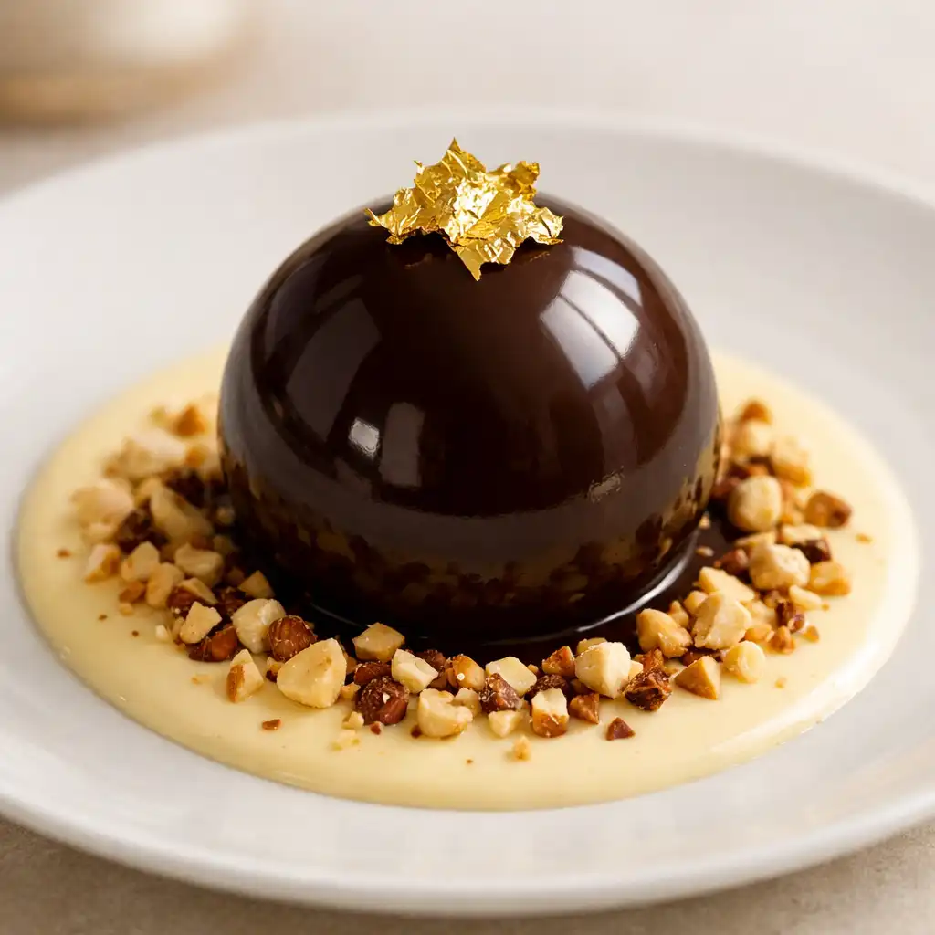Sphère de chocolat noir avec crème anglaise et éclats de noisettes