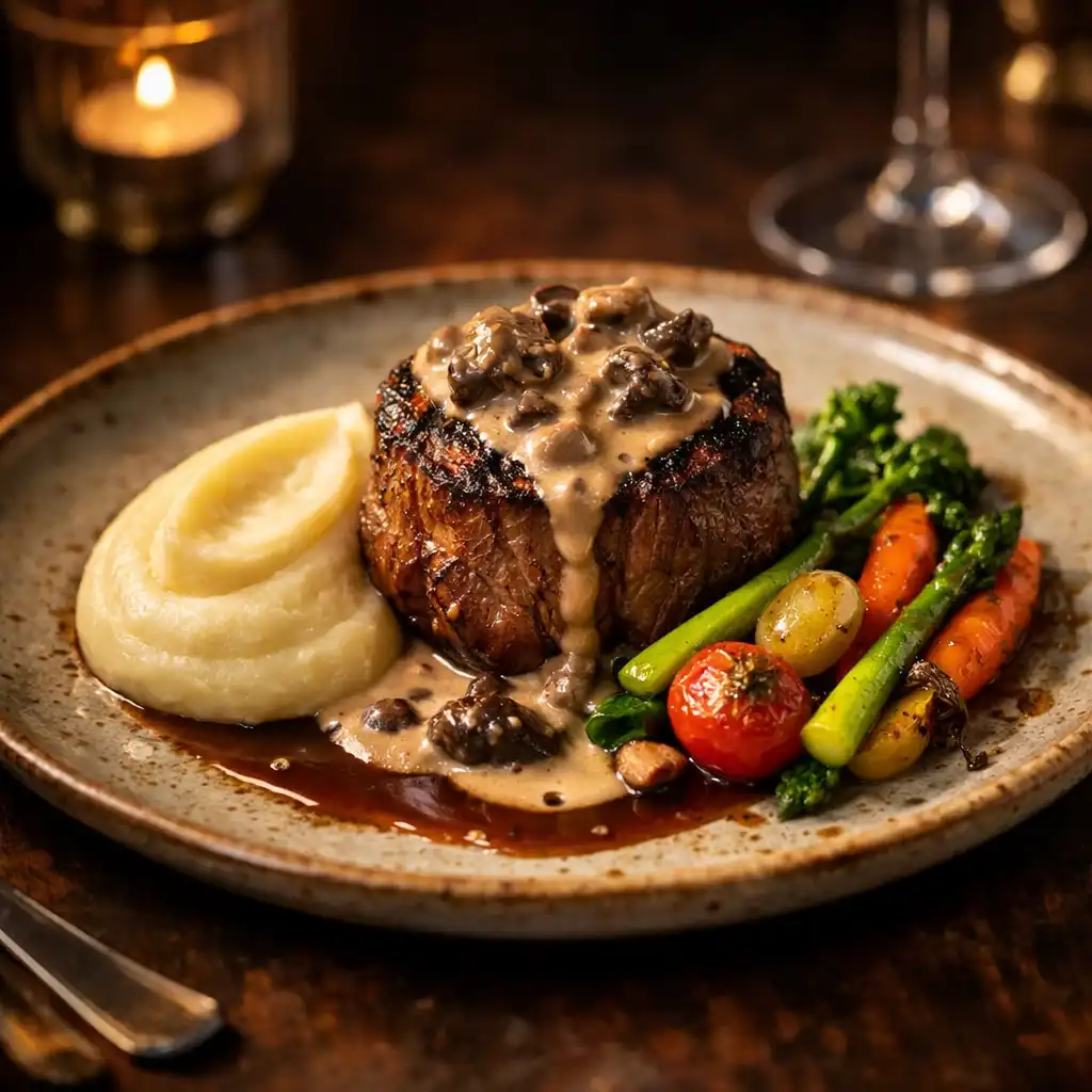 Plat signature gastronomique élégamment dressé sur une assiette en céramique
