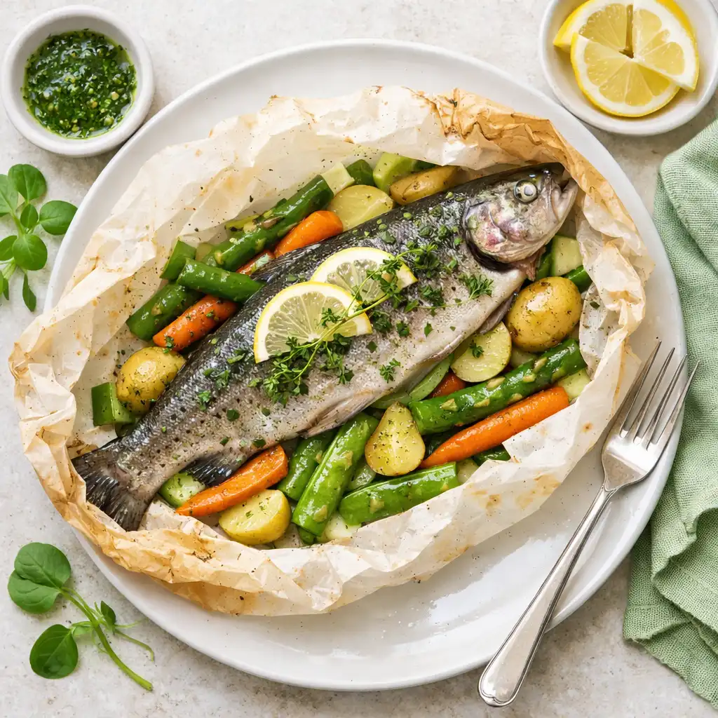 Truite de rivière en papillote avec herbes aromatiques et légumes de saison