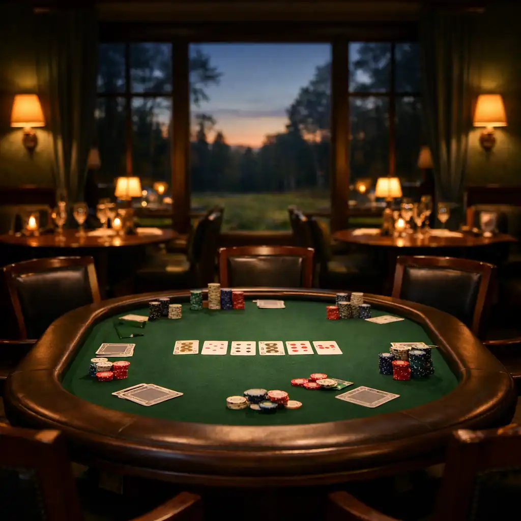 Ambiance feutrée de la poker room du Jardin Clairière avec table de poker, cartes et jetons, vue sur la clairière au crépuscule