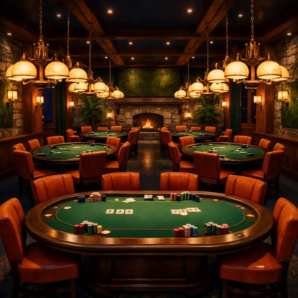 Poker room élégante avec tables en bois, cartes et jetons dans une ambiance feutrée