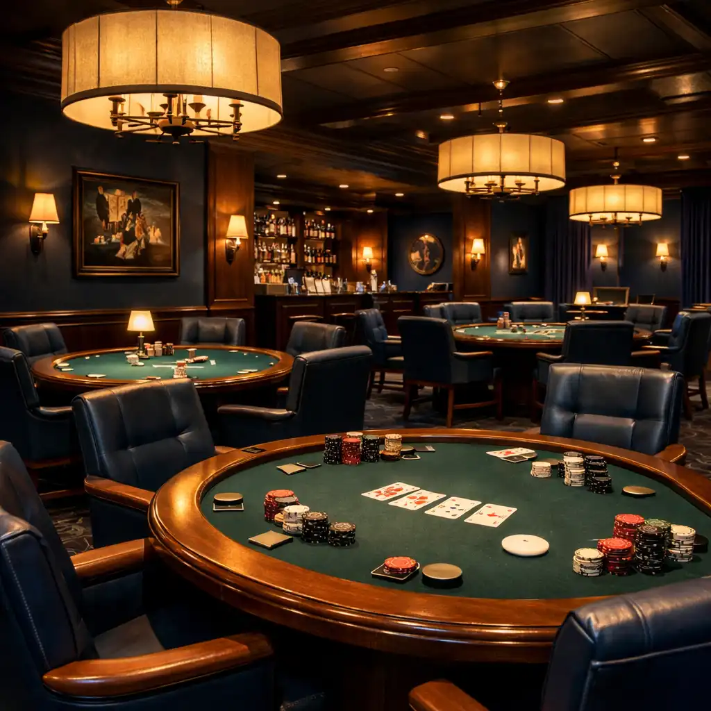 Intérieur de la poker room avec plusieurs tables de poker et un éclairage d'ambiance chaleureux