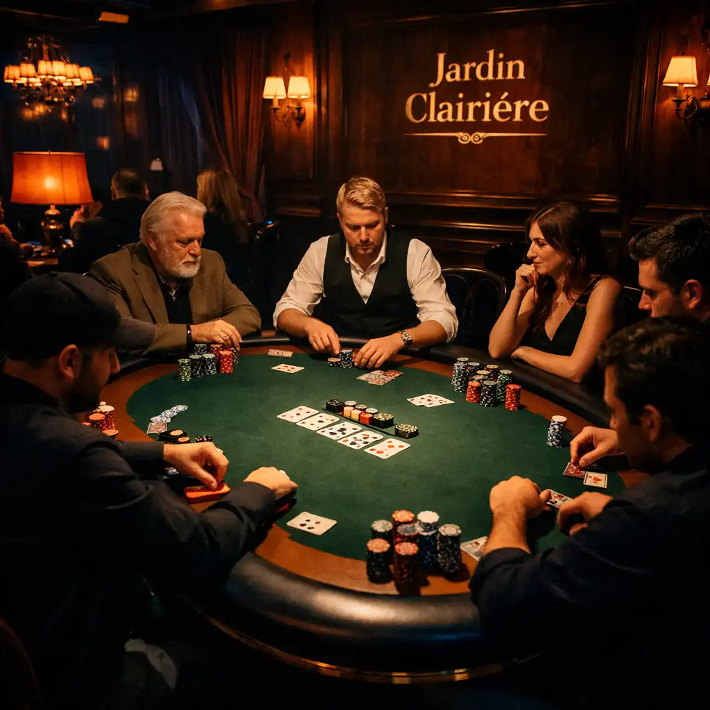Poker room nocturne avec table de poker, cartes, jetons et joueurs concentrés