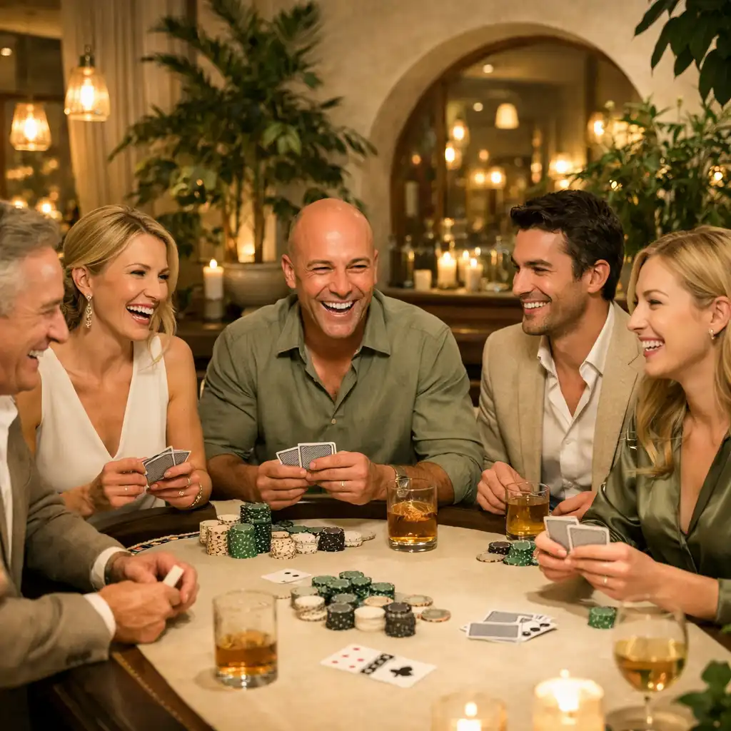 Scène de soirée poker dans un restaurant avec des joueurs autour d'une table et une ambiance chaleureuse