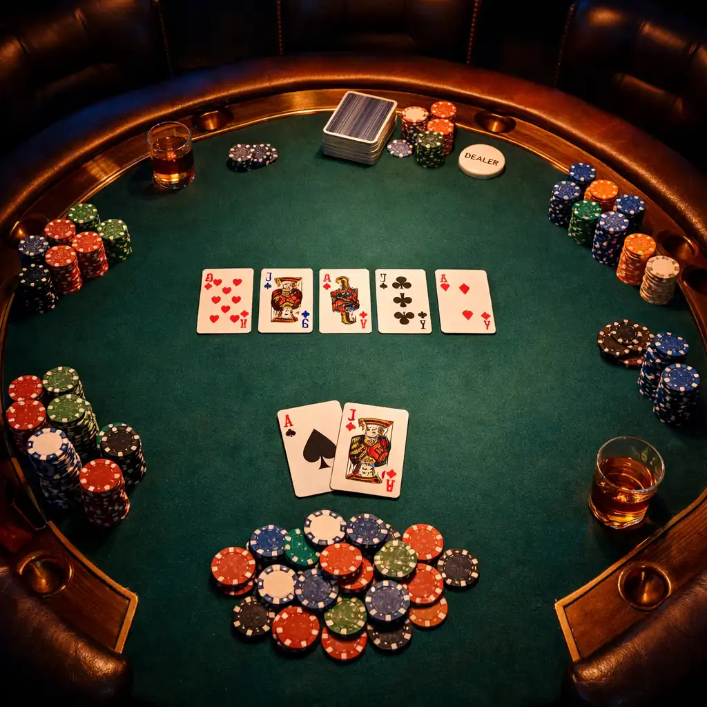 Table de poker professionnelle avec cartes à jouer et jetons colorés sous un éclairage tamisé