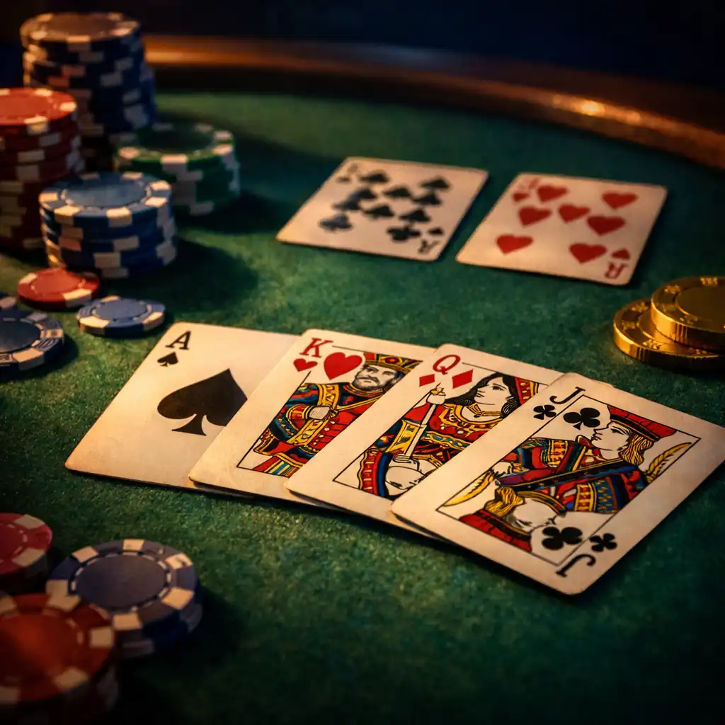 Gros plan sur une table de poker avec cartes, jetons et tapis vert dans une ambiance tamisée