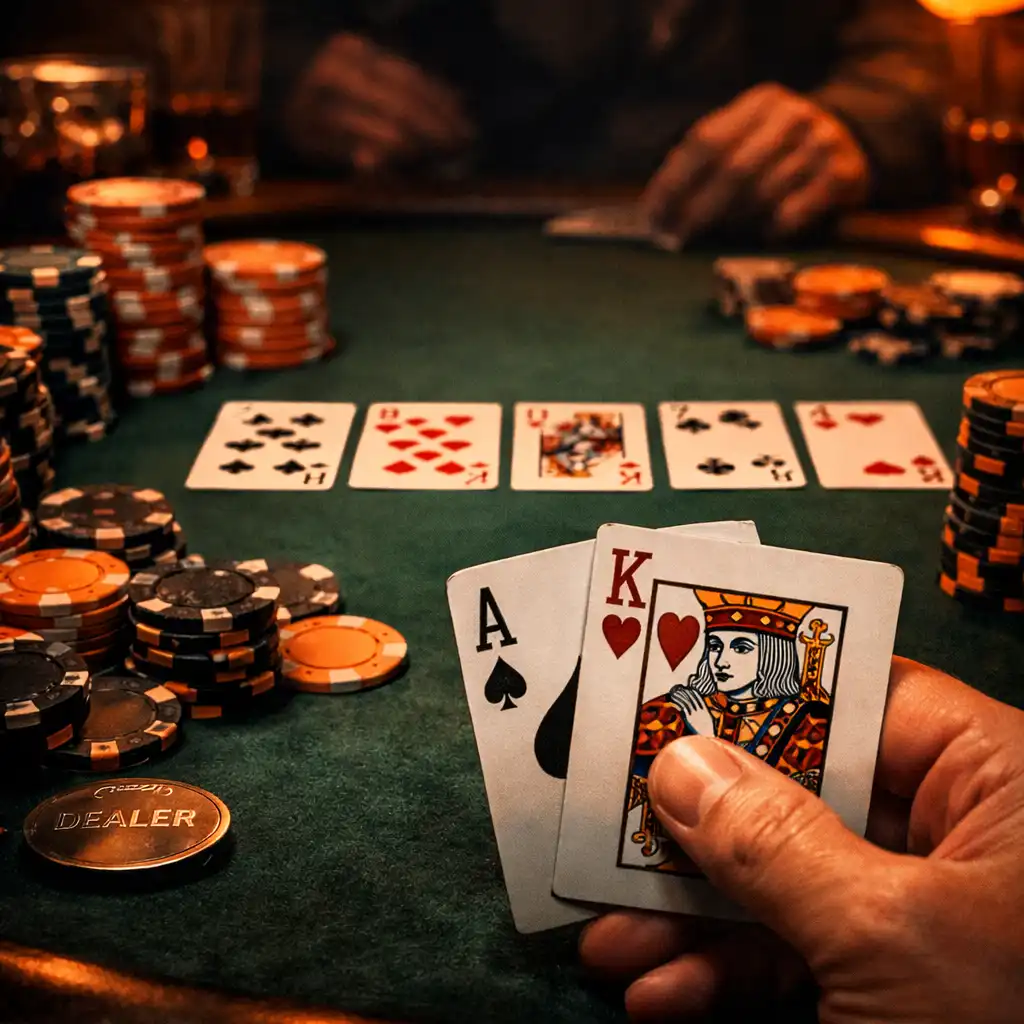 Gros plan sur une table de Texas Hold'em avec cartes en main et jetons empilés